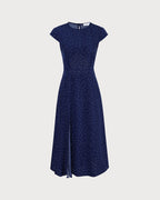 Vestido midi con corte de lunares y cuello redondo azul marino