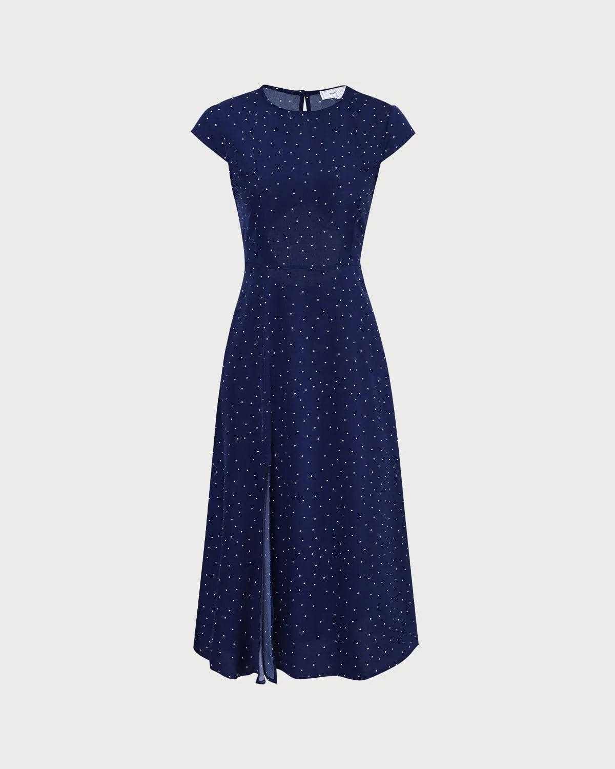 Vestido midi con corte de lunares y cuello redondo azul marino