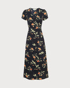 Vestido largo negro de manga corta con estampado floral y cuello en V