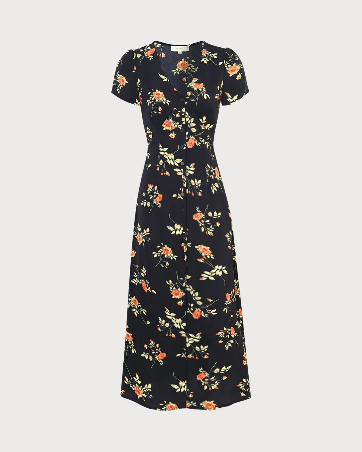 Vestido largo negro de manga corta con estampado floral y cuello en V