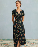 Vestido largo negro de manga corta con estampado floral y cuello en V