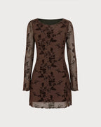 Minivestido de malla floral con cuello de barco de café