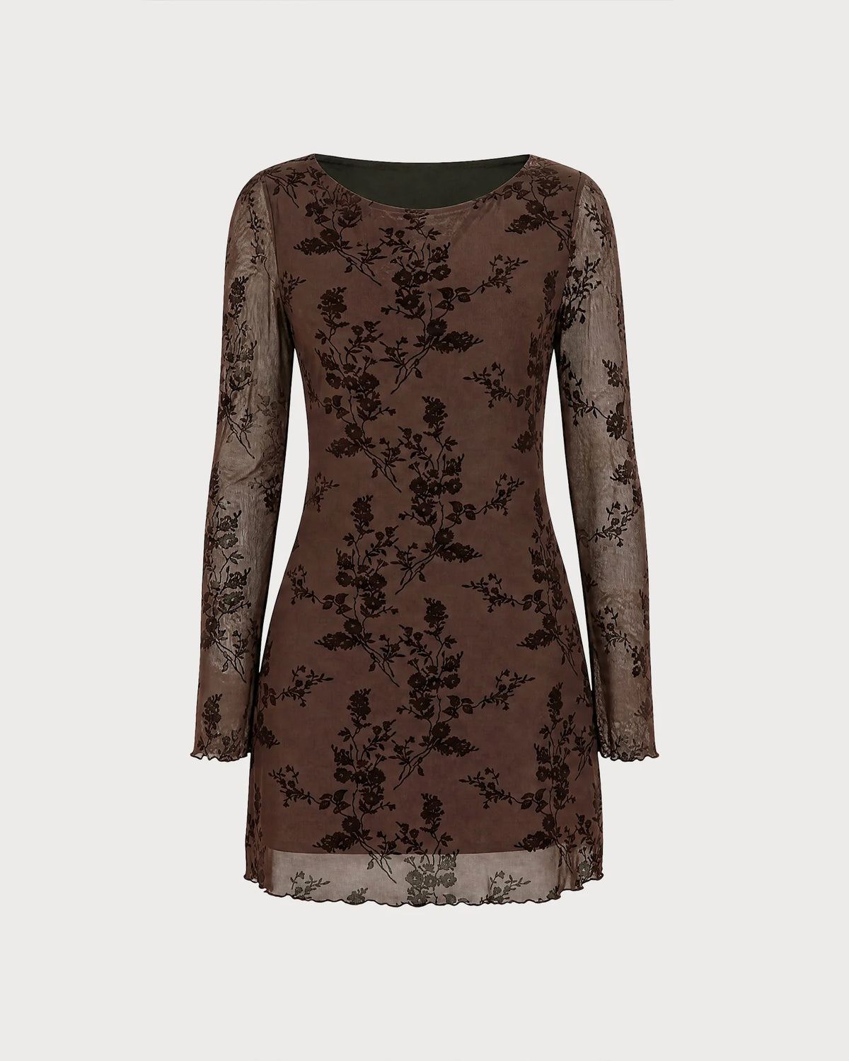 Minivestido de malla floral con cuello de barco de café