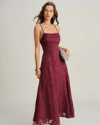 Vestido largo sin cordones Jacquard rojo vino