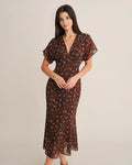 Vestido largo con hombros descubiertos y gasa con estampado floral