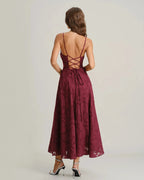 Vestido largo sin cordones Jacquard rojo vino