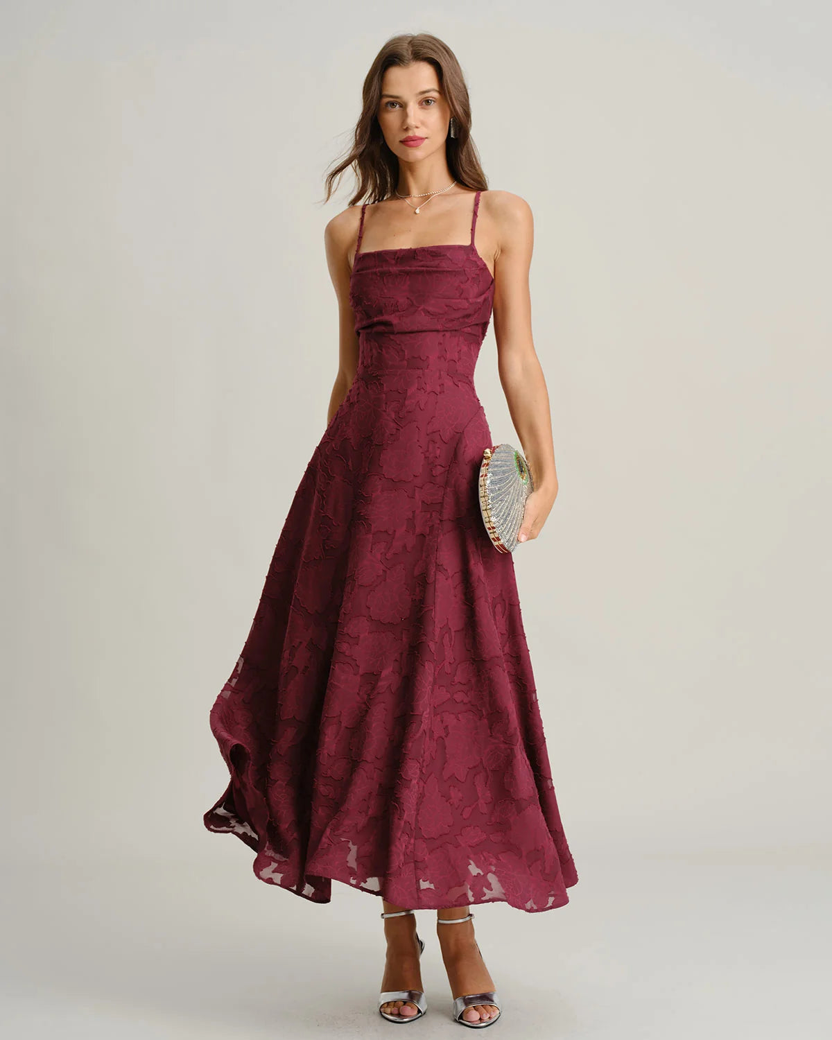 Vestido largo sin cordones Jacquard rojo vino