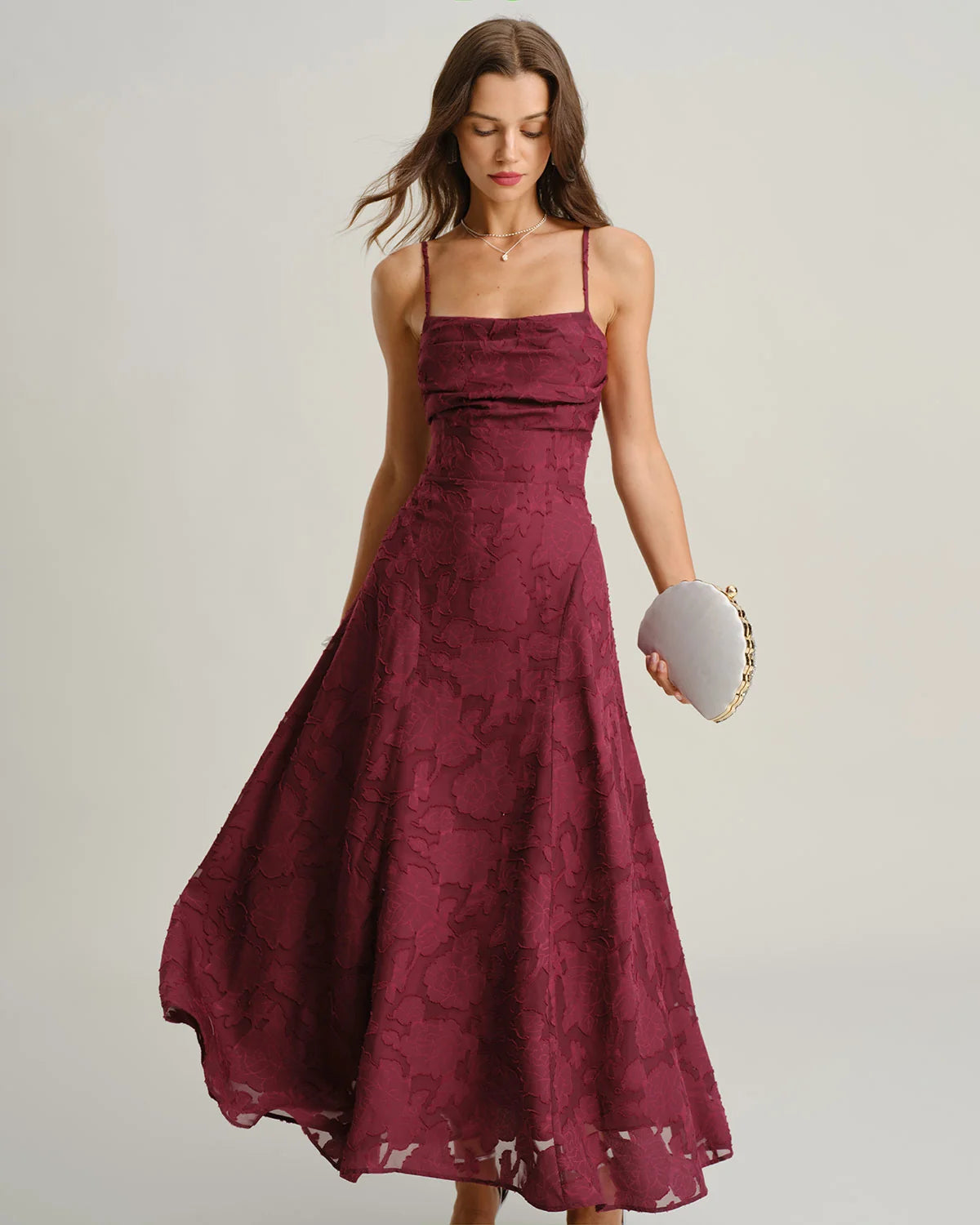 Vestido largo sin cordones Jacquard rojo vino